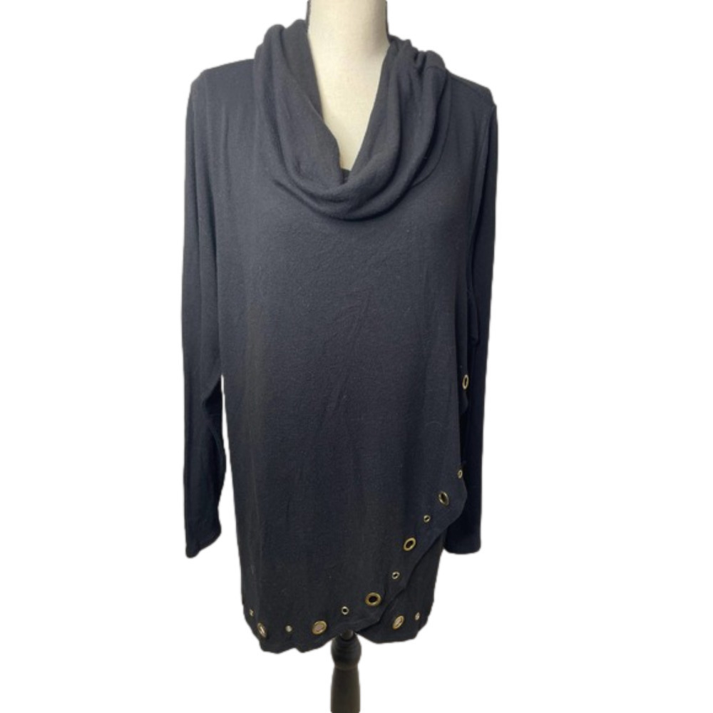 Belldini Pullover Cowl Neck Sweater Black with Bottom Embellishments Size 2X  *